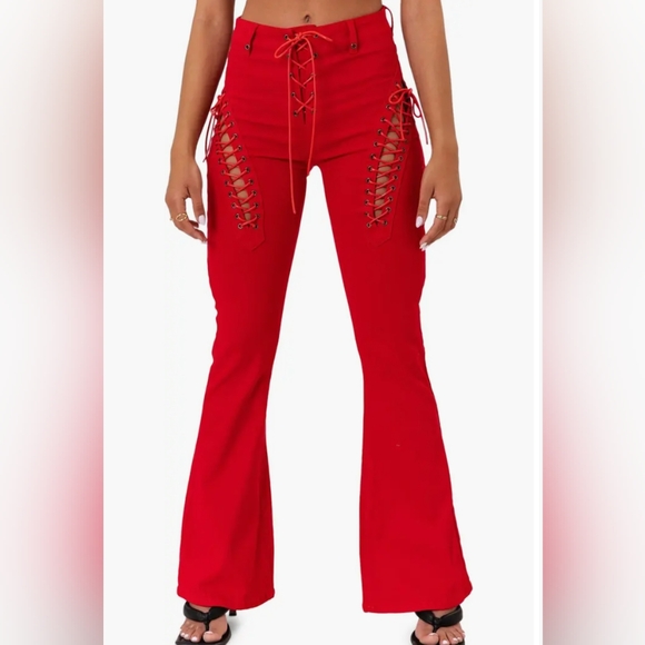 Edikted Red Lace-Up Flare Pants - Picture 1 of 11